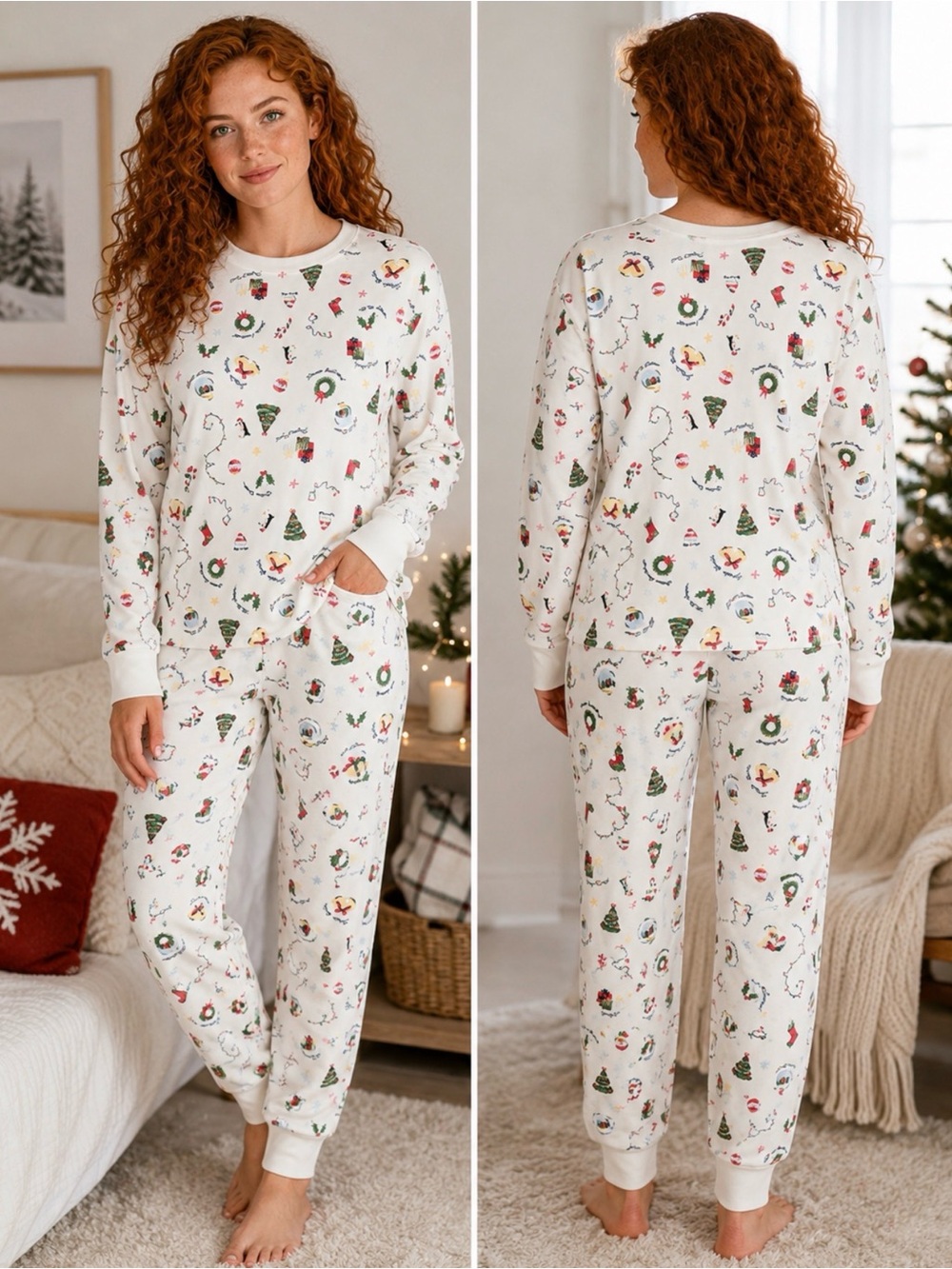 Holiday Time Women’s Long Sleeve Crew Neck Sleep Top & Jogger Pants Pajama Set